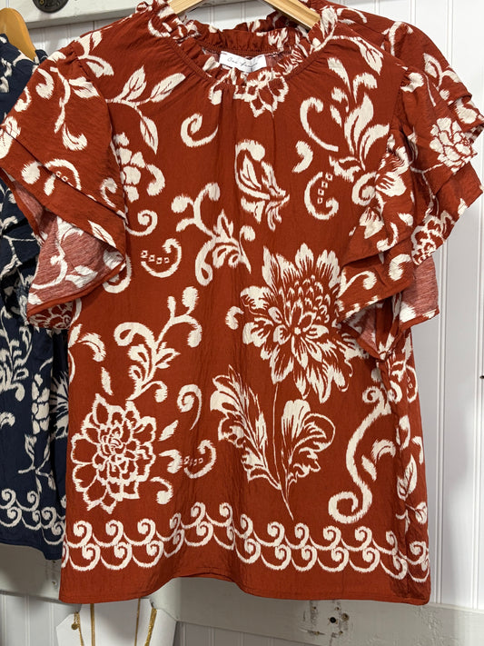 Terracotta Floral Ruffle Sleeve Top