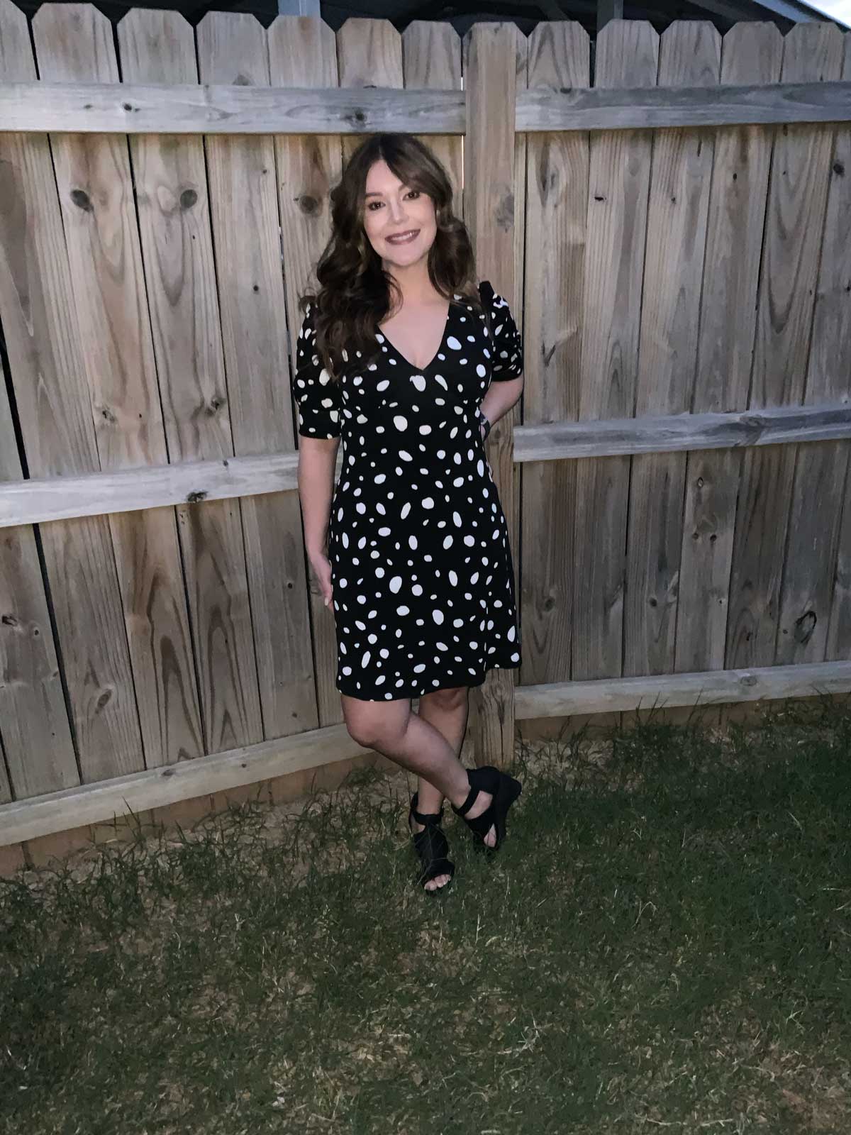 DOTTED PUFF SLEEVE V-NECK MINI DRESS