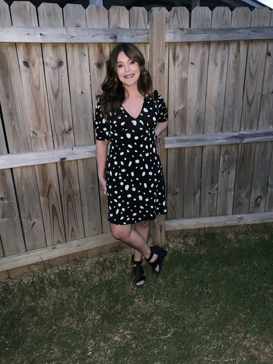 DOTTED PUFF SLEEVE V-NECK MINI DRESS