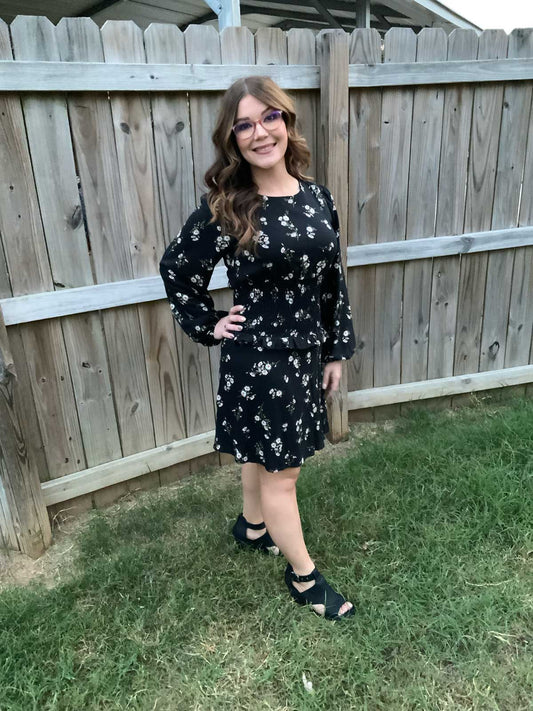 Long Sleeve Smocking Waist Floral Print Dress