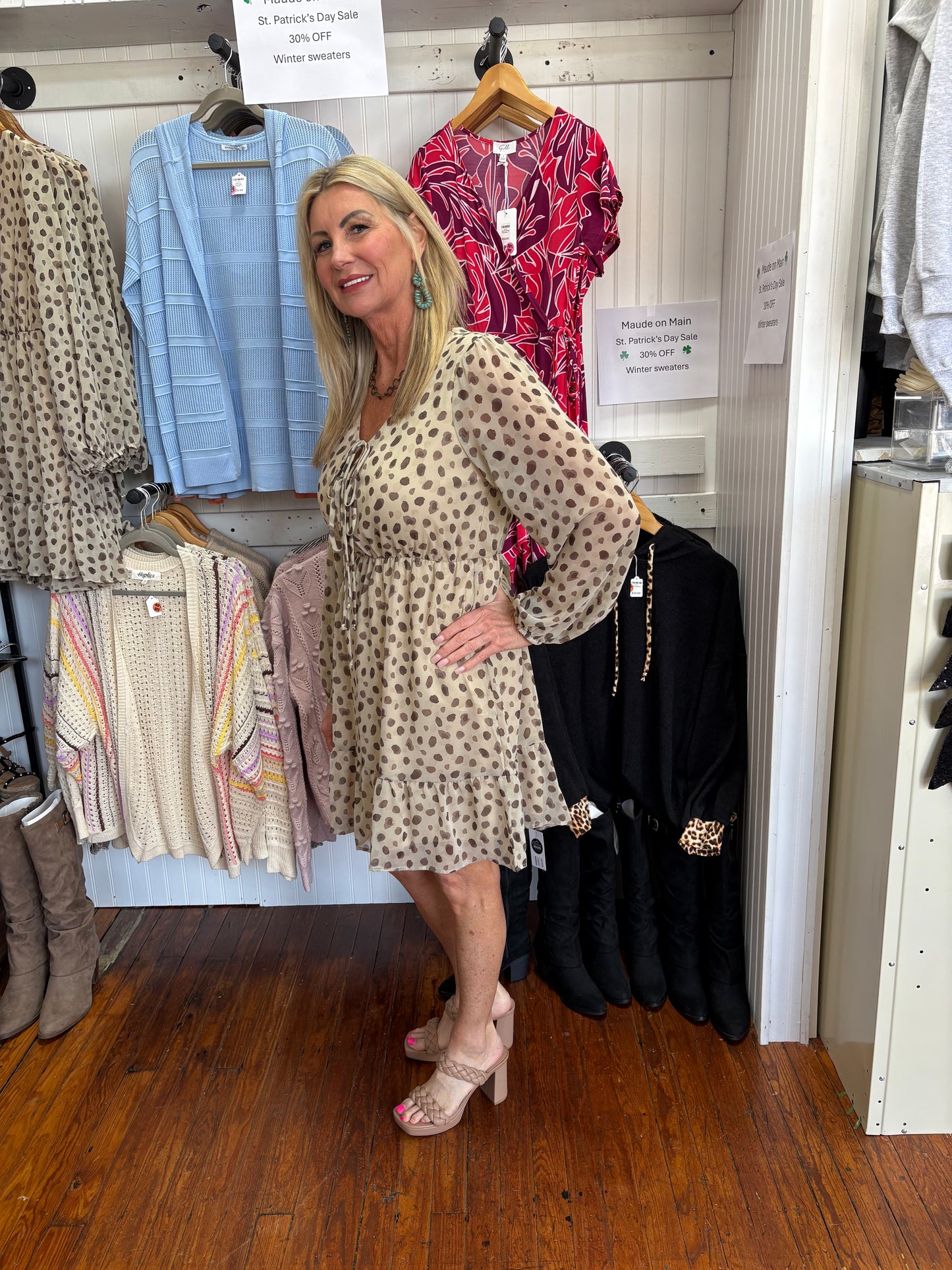 Gilli Beige Polka Dot Long Sleeve Dress